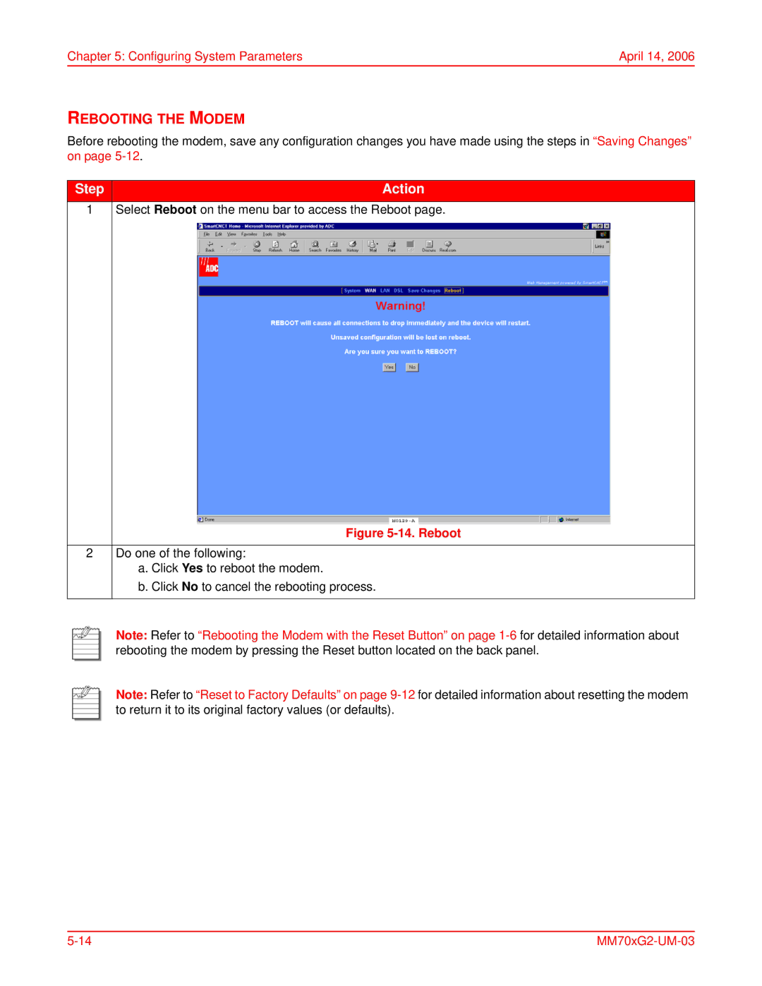 ADC MM702G2, MM701G2 user manual Rebooting the Modem 