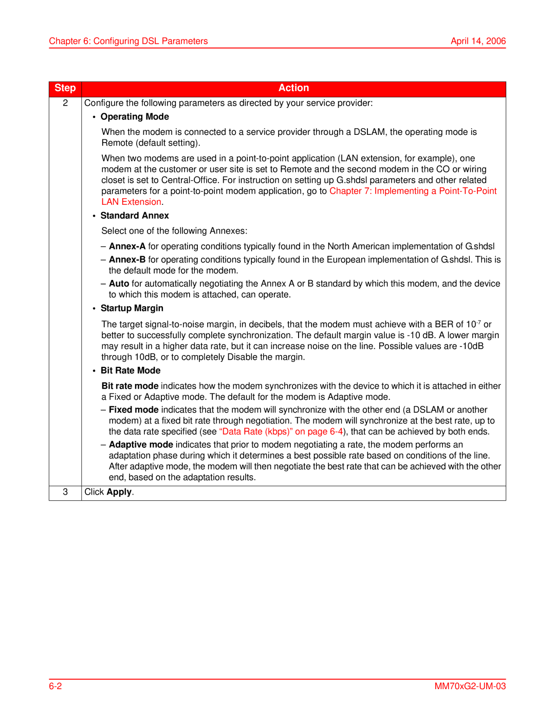 ADC MM702G2, MM701G2 user manual Operating Mode, Standard Annex, Startup Margin, Bit Rate Mode 