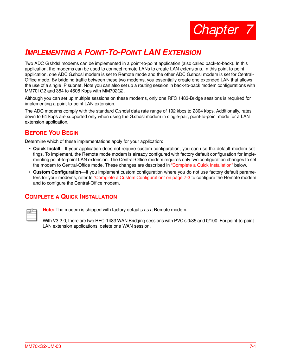 ADC MM701G2, MM702G2 user manual Implementing a POINT-TO-POINT LAN Extension, Complete a Quick Installation 