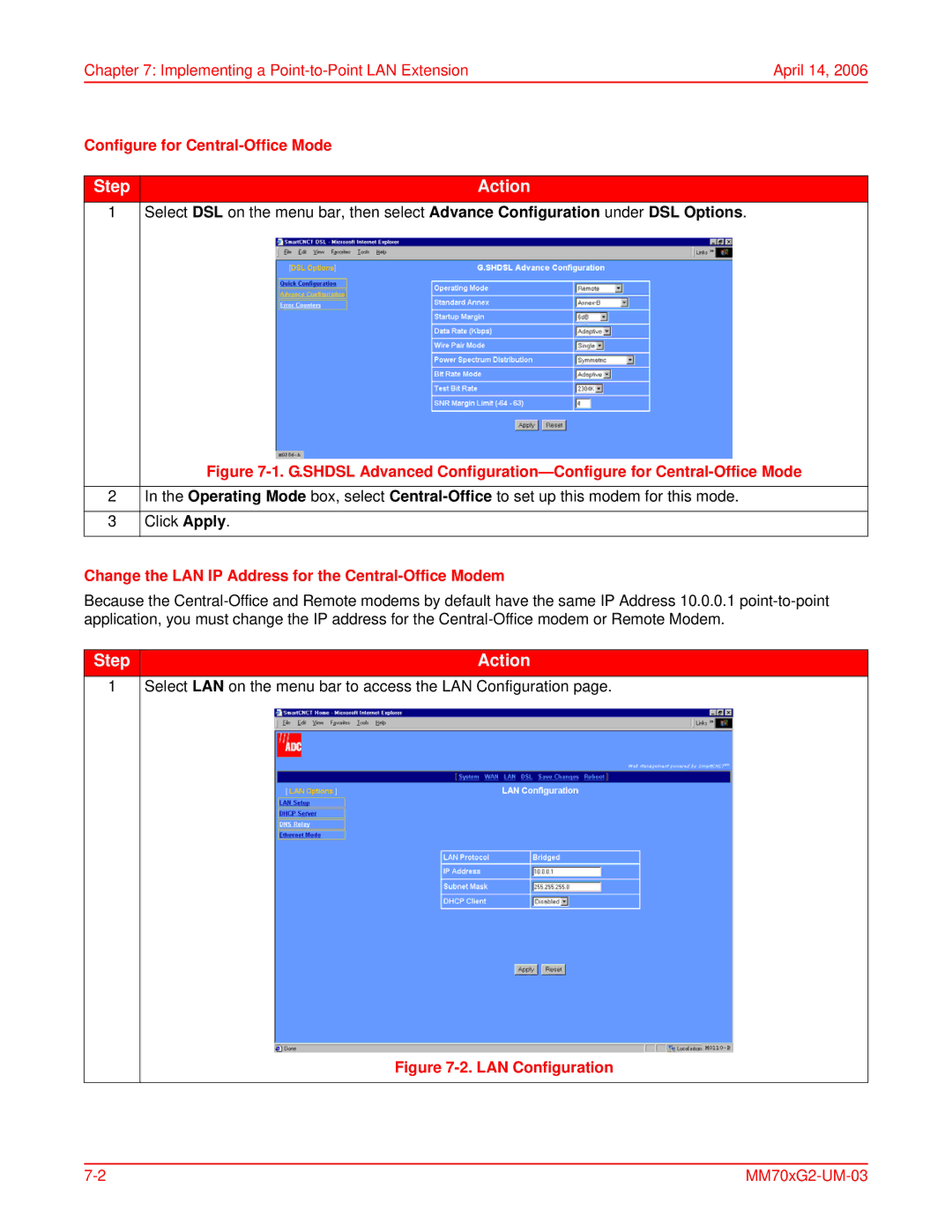 ADC MM702G2, MM701G2 user manual Configure for Central-Office Mode, Change the LAN IP Address for the Central-Office Modem 