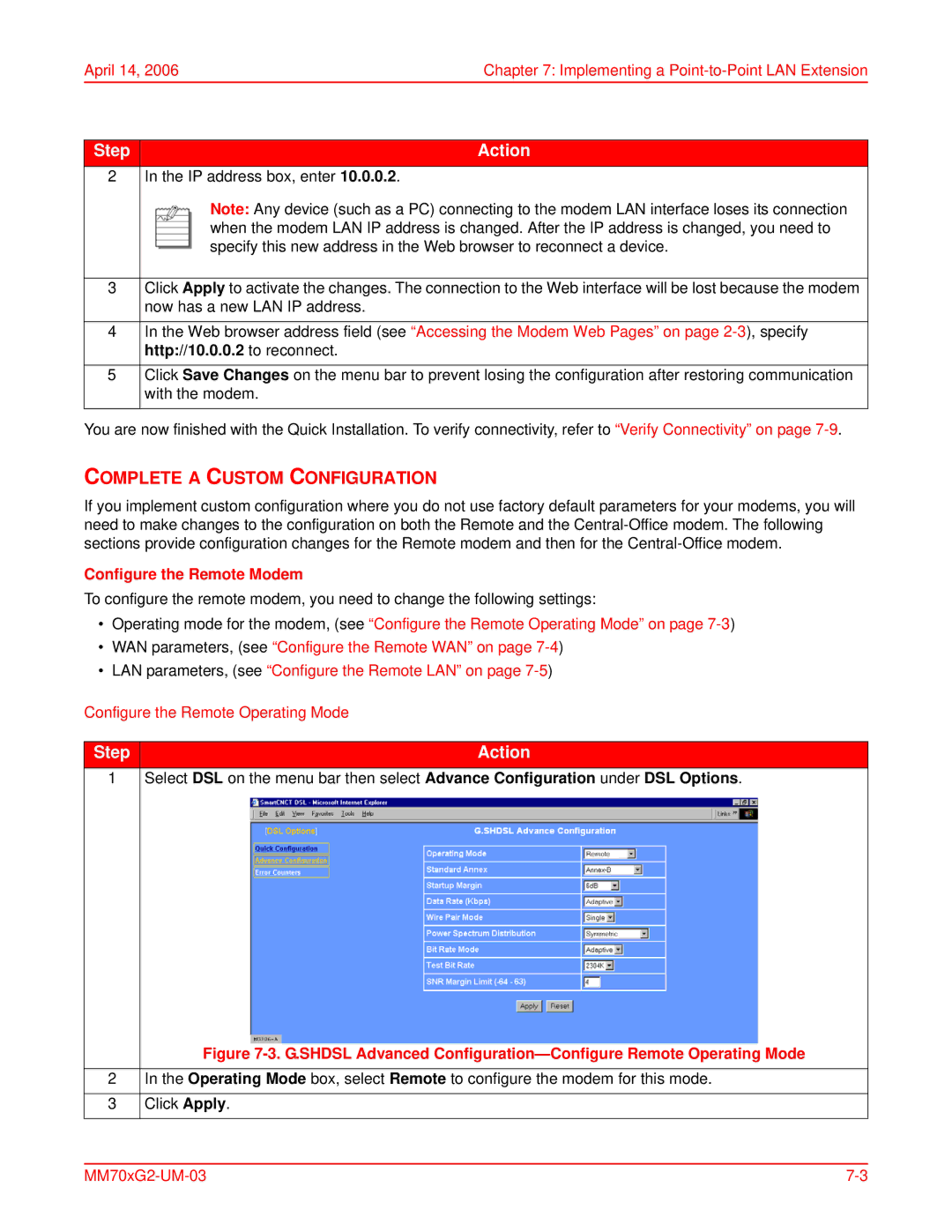 ADC MM701G2, MM702G2 user manual Complete a Custom Configuration, Http//10.0.0.2 to reconnect, Configure the Remote Modem 