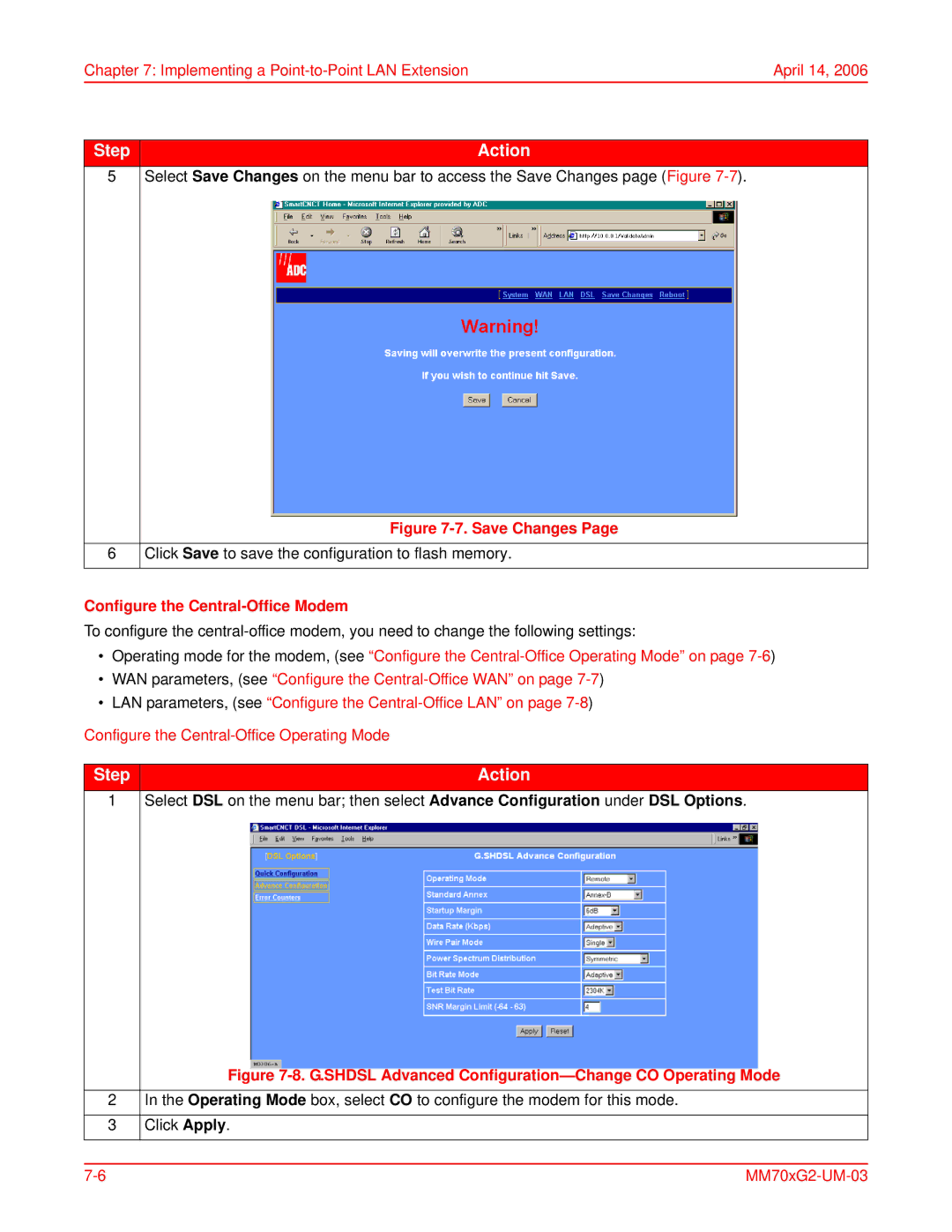 ADC MM702G2, MM701G2 user manual Click Save to save the configuration to flash memory, Configure the Central-Office Modem 