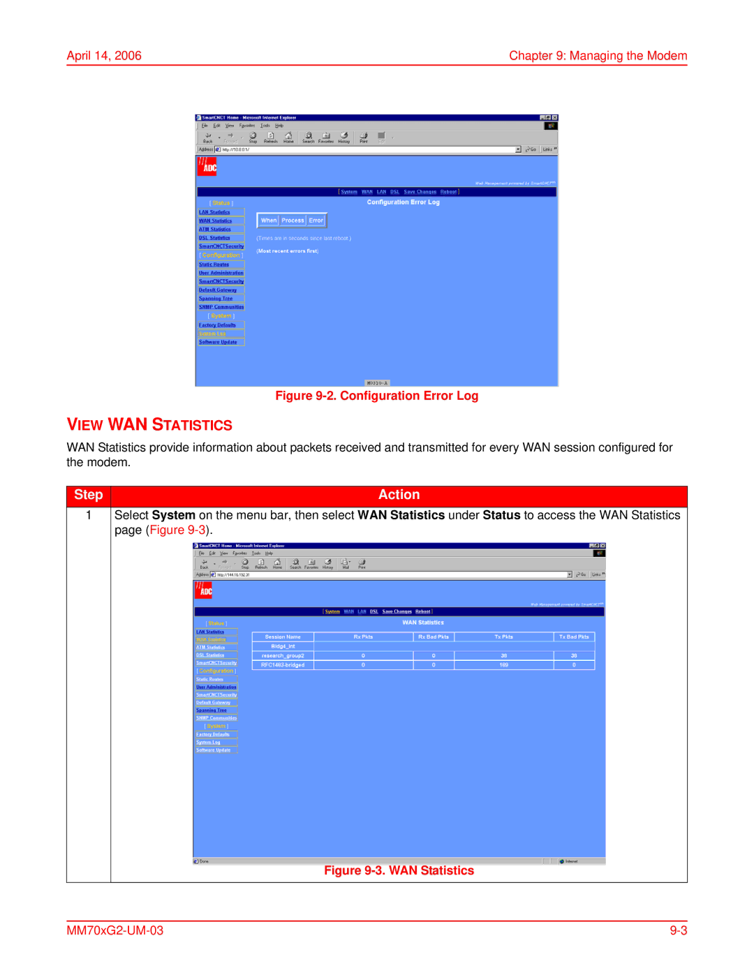 ADC MM701G2, MM702G2 user manual View WAN Statistics, Configuration Error Log 