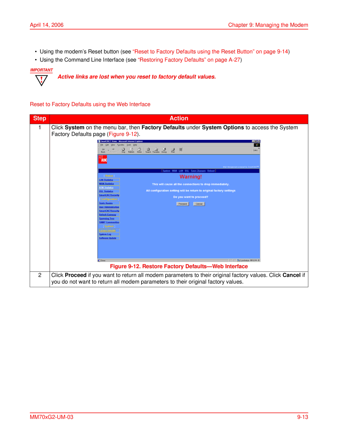 ADC MM701G2, MM702G2 user manual Restore Factory Defaults-Web Interface 