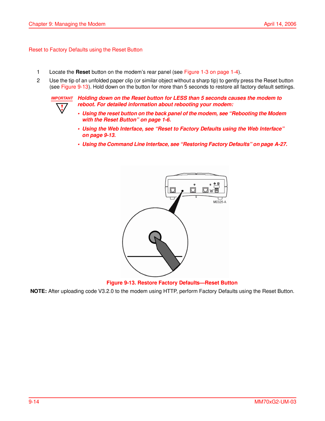 ADC MM702G2, MM701G2 user manual Restore Factory Defaults-Reset Button 