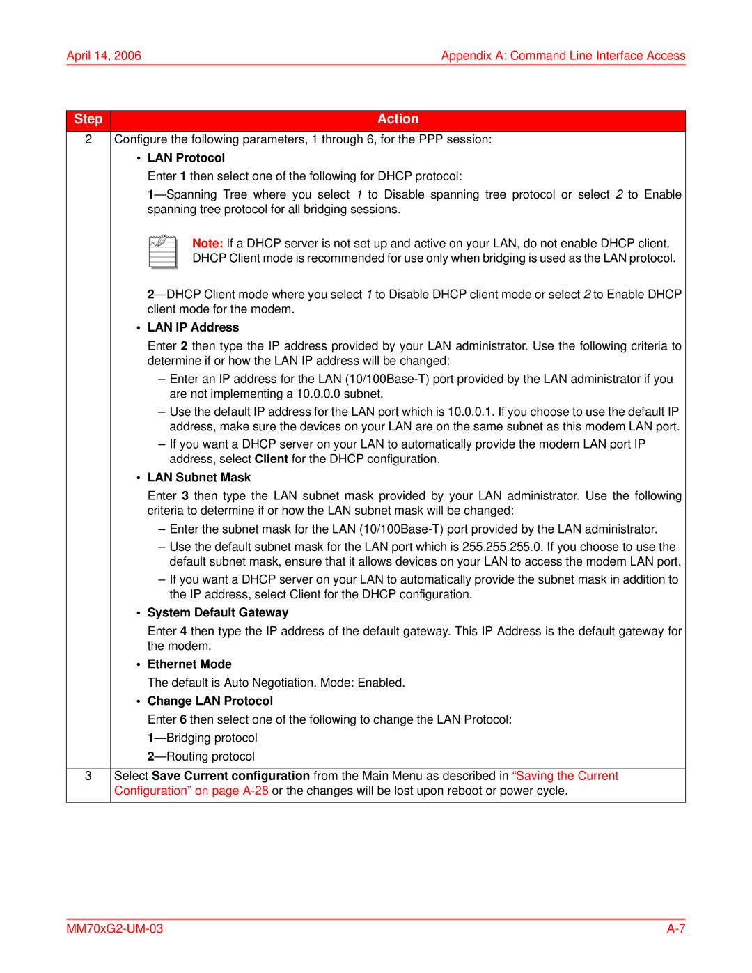 ADC MM701G2, MM702G2 user manual LAN IP Address, LAN Subnet Mask, System Default Gateway, Ethernet Mode, Change LAN Protocol 