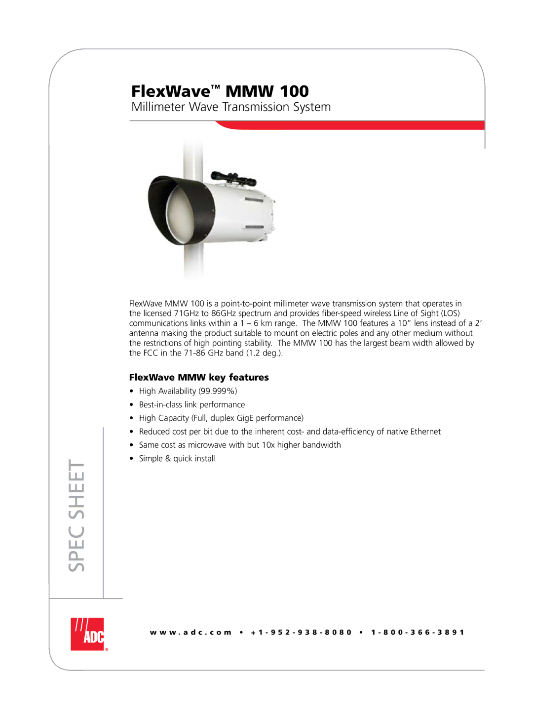 ADC MMW 100 manual FlexWave MMW, Millimeter Wave Transmission System 