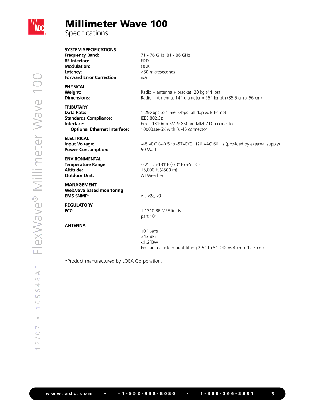 ADC MMW 100 manual Millimeter Wave, Specifications 