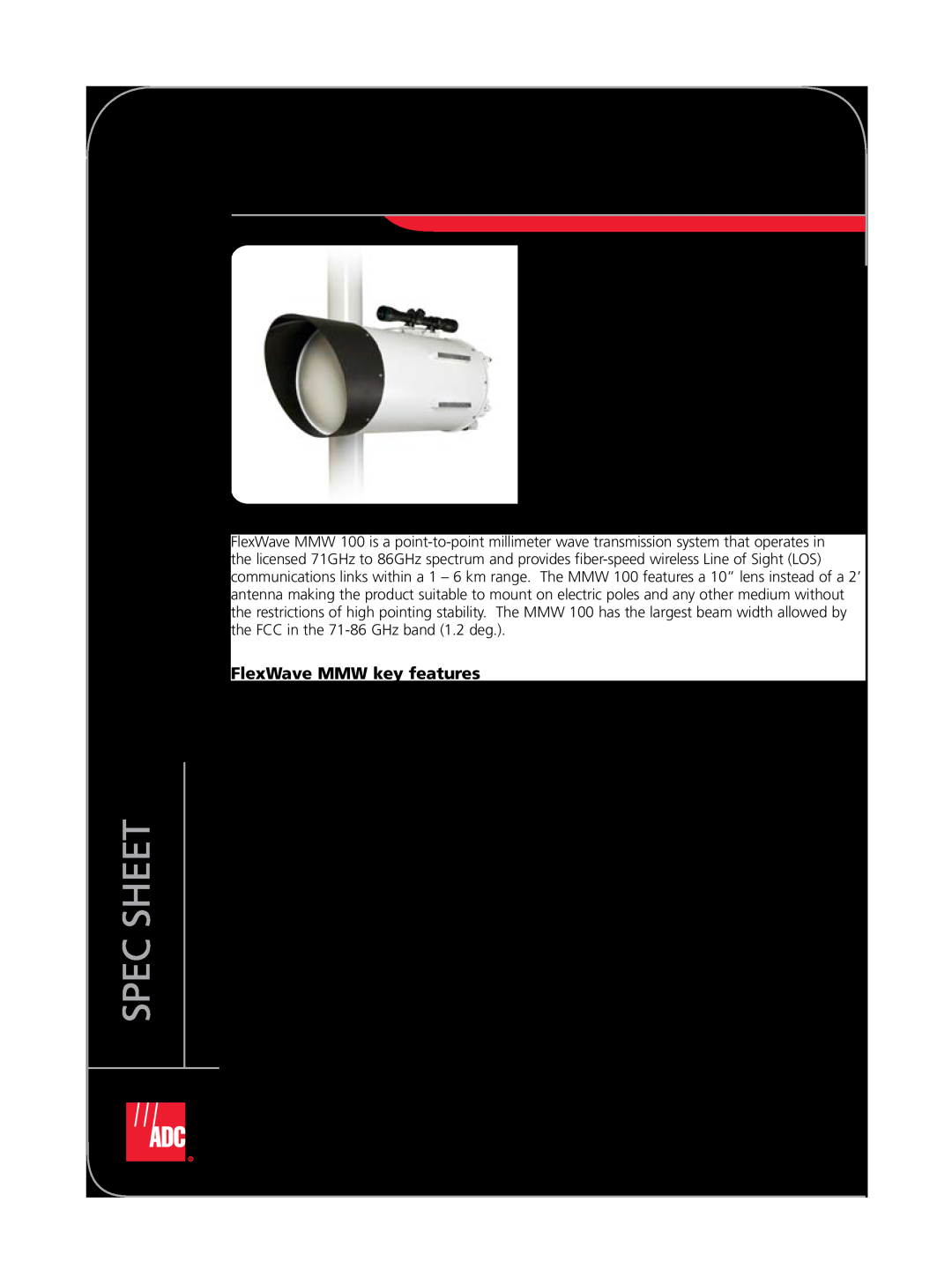 ADC MMW 100 manual Millimeter Wave Transmission System, Spec Sheet, FlexWave MMW key features 