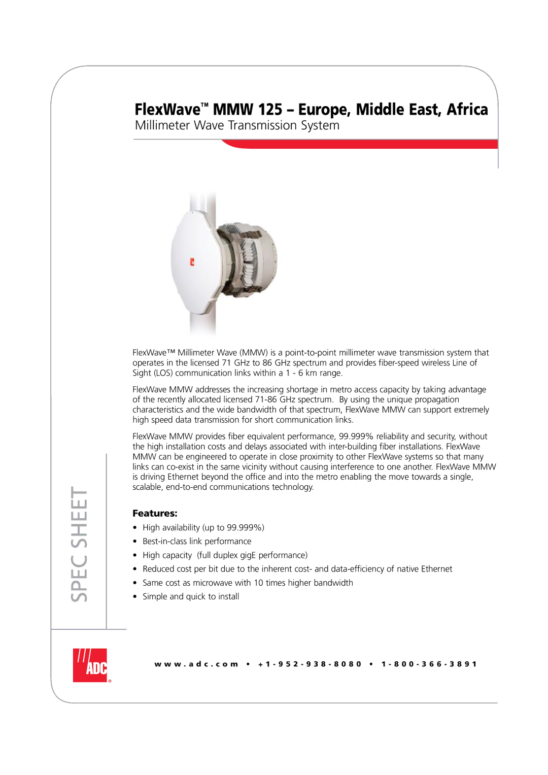 ADC MMW 125 manual Spec Sheet, Millimeter Wave Transmission System 