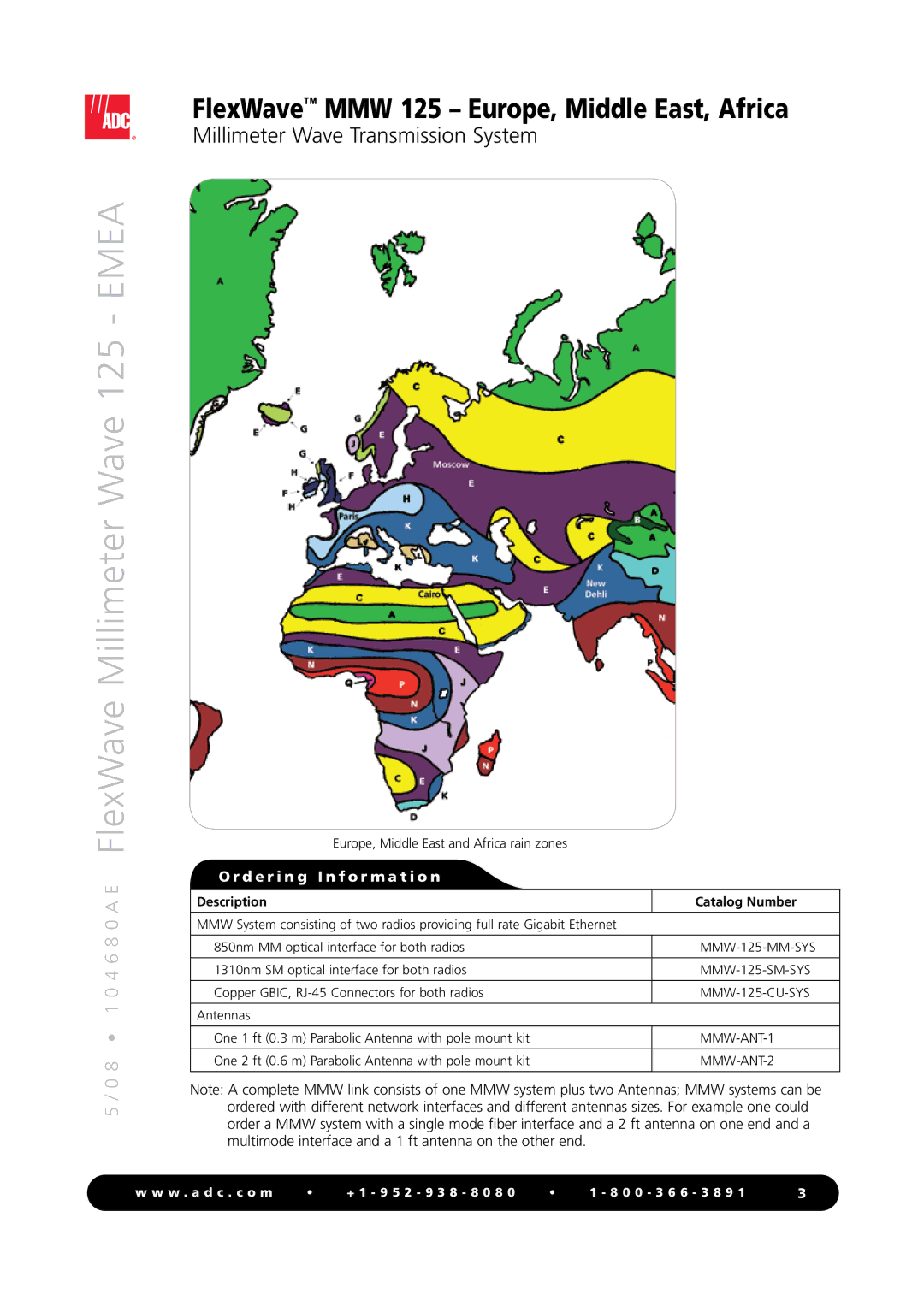 ADC MMW 125 manual D e r i n g I n f o r m a t i o n, Description Catalog Number 