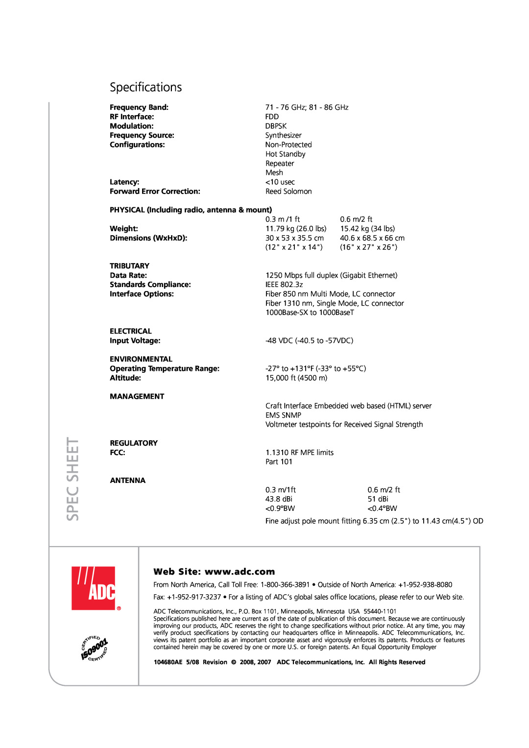 ADC MMW 125 manual Specifications, Spec Sheet 