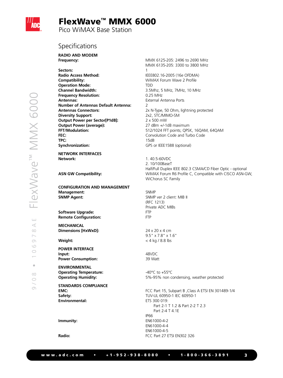 ADC MMX 6000 manual Pico WiMAX Base Station Specifications 