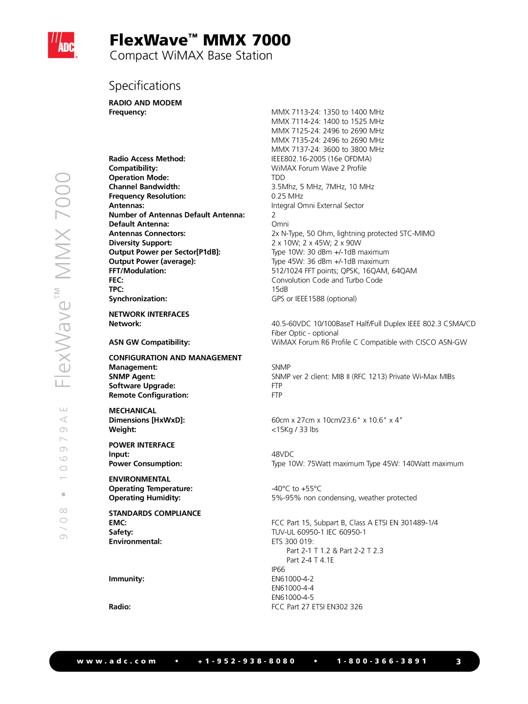 ADC MMX 7000 manual Compact WiMAX Base Station Specifications 