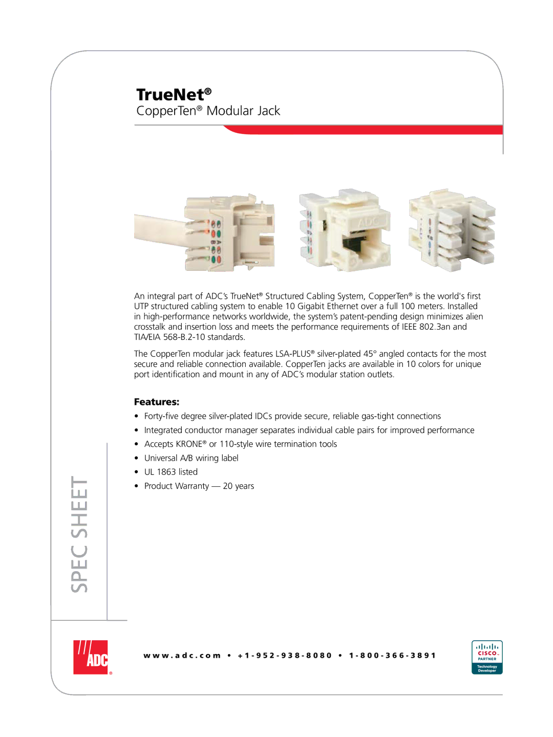 ADC warranty Spec Sheet, CopperTen Modular Jack, Features 