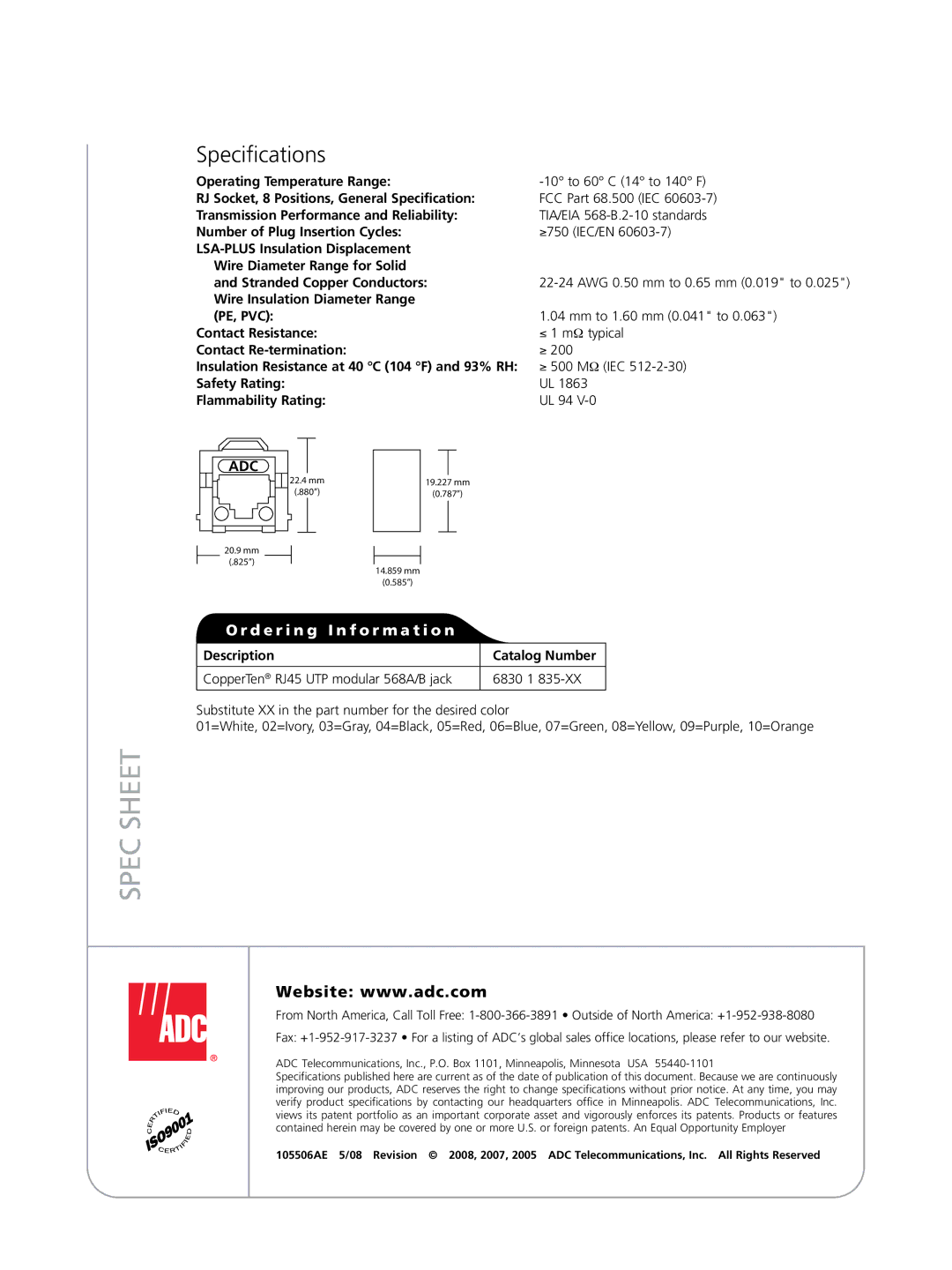 ADC Modular Jack warranty Spec Sheet, Specifications, D e r i n g I n f o r m a t i o n 