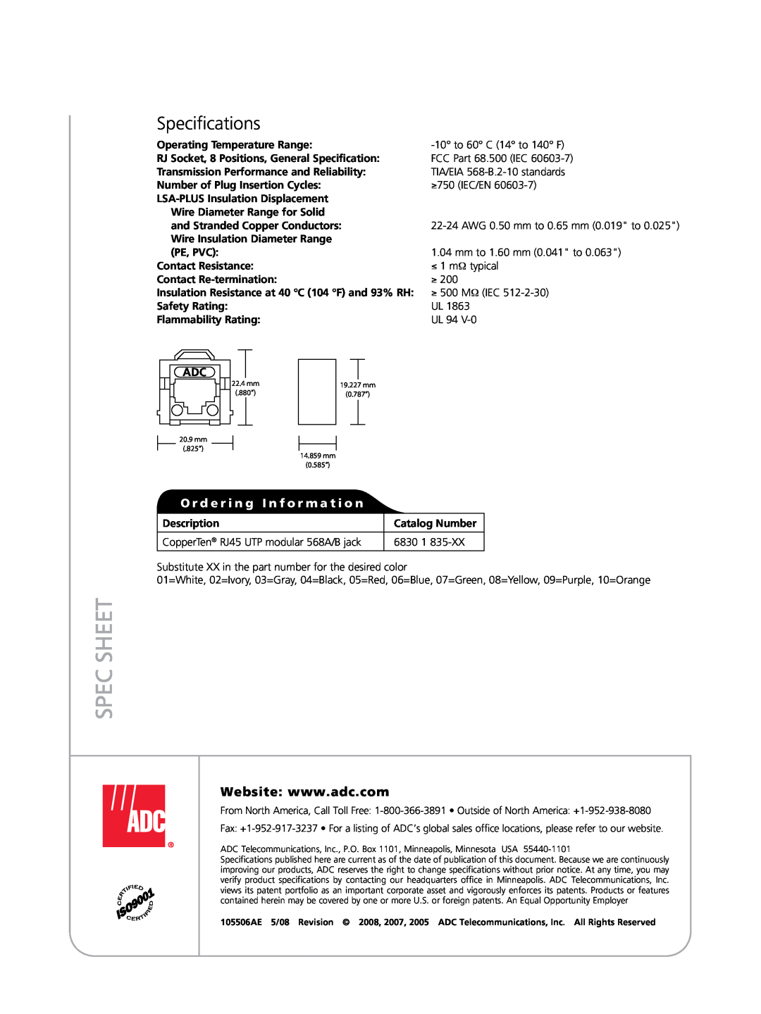 ADC Modular Jack warranty Specifications, Spec Sheet, O r d e r i n g I n f o r m a t i o n 