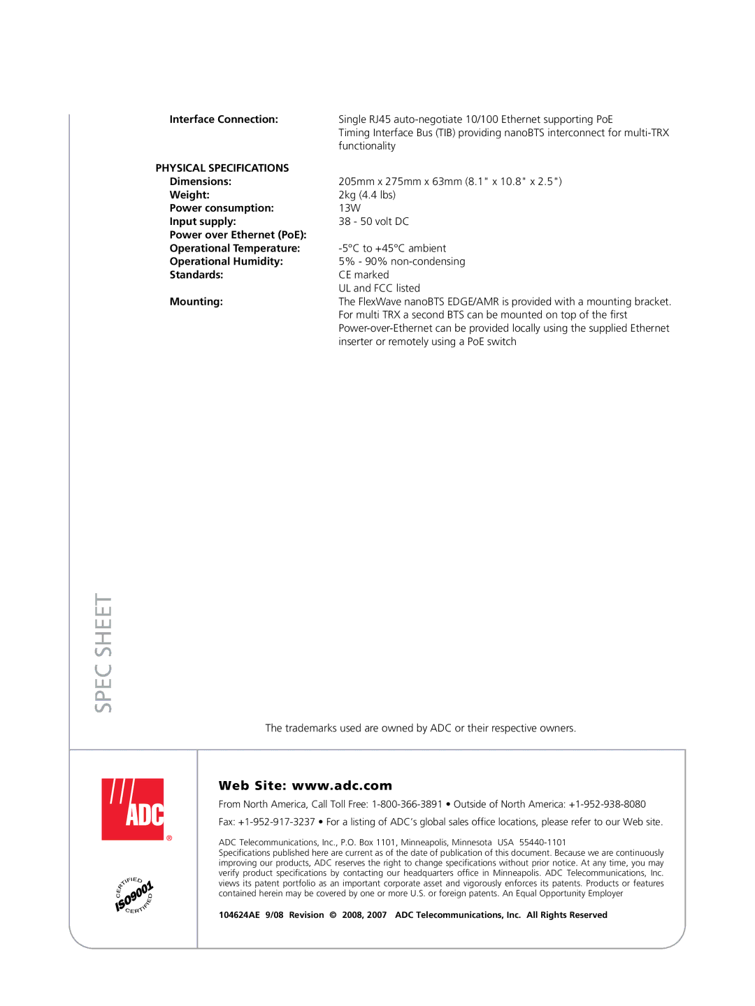 ADC nanoBTS manual Physical Specifications 