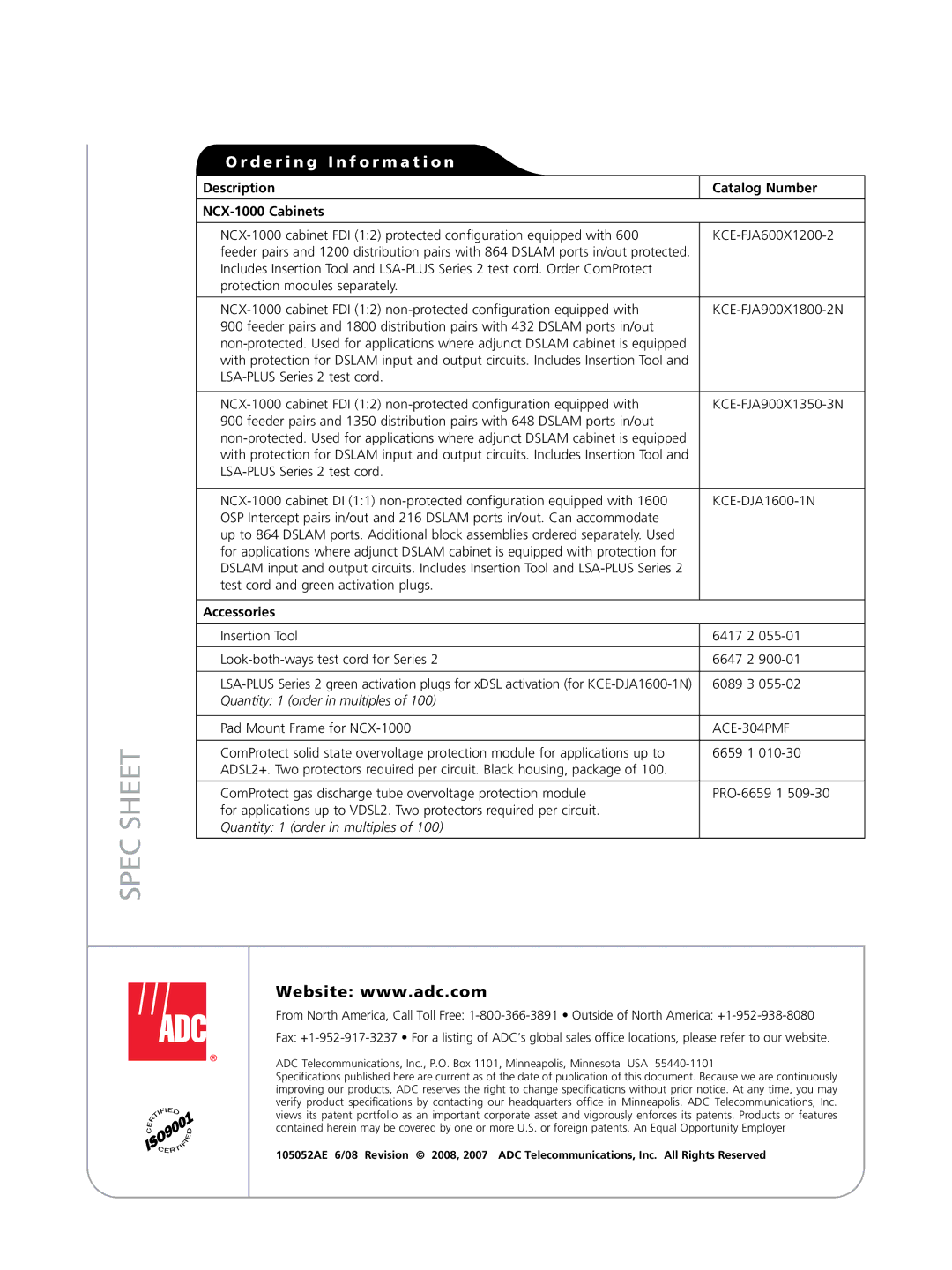 ADC manual Description Catalog Number NCX-1000 Cabinets, Accessories 