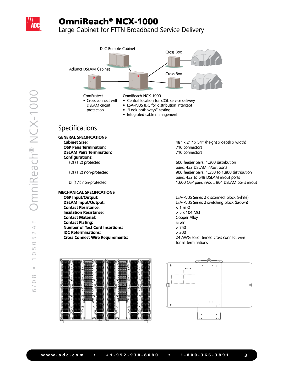 ADC manual Specifications, 6 / 0 8 1 0 5 0 5 2 A E OmniReach NCX-1000, Large Cabinet for FTTN Broadband Service Delivery 