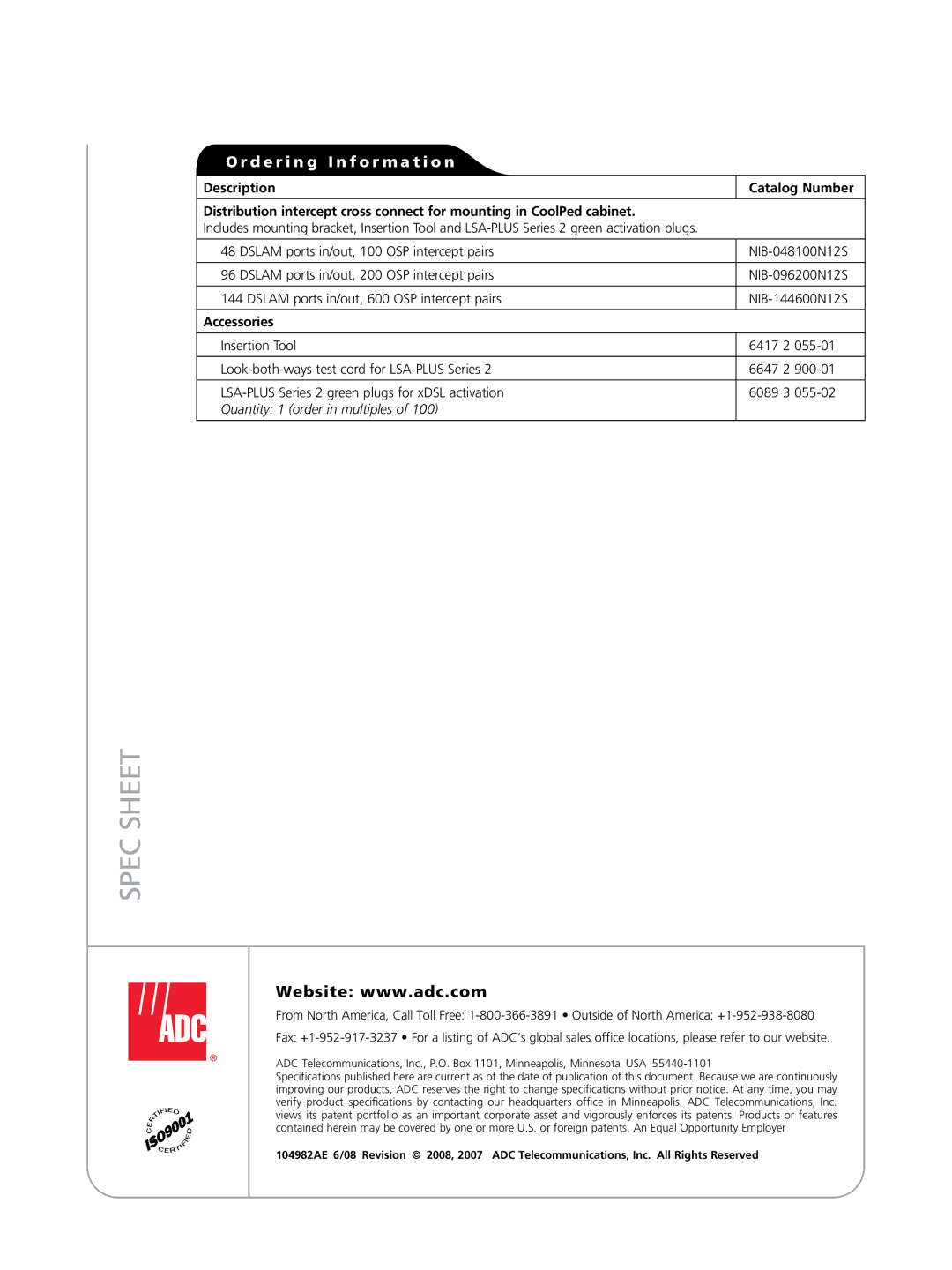 ADC NCX-1000s manual Spec Sheet 