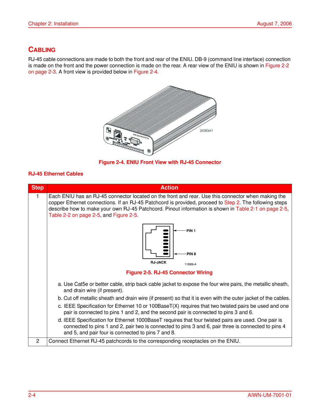 ADC Network Unit user manual Cabling, Eniu Front View with RJ-45 Connector RJ-45 Ethernet Cables 