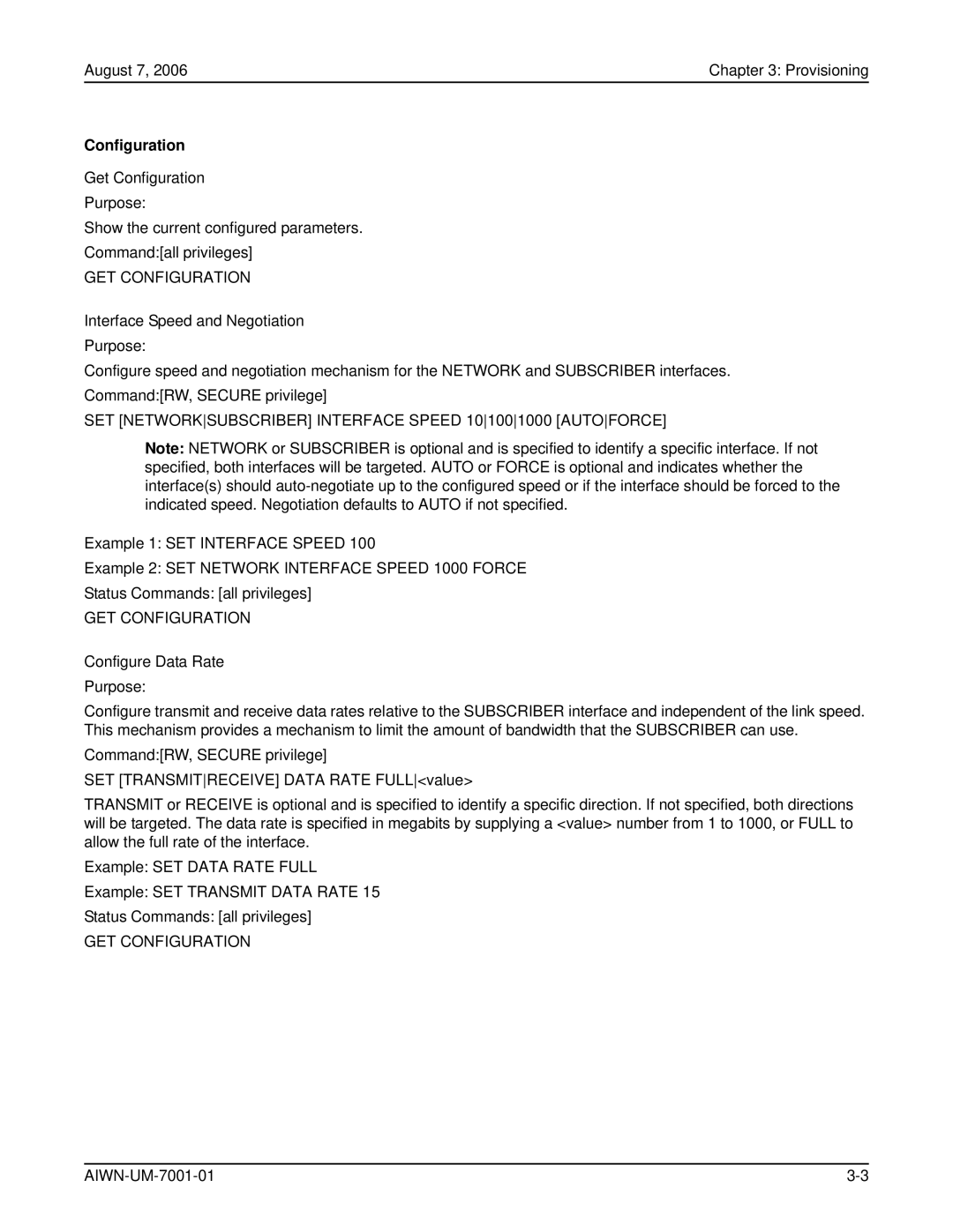 ADC Network Unit user manual GET Configuration, SET Networksubscriber Interface Speed 101001000 Autoforce 