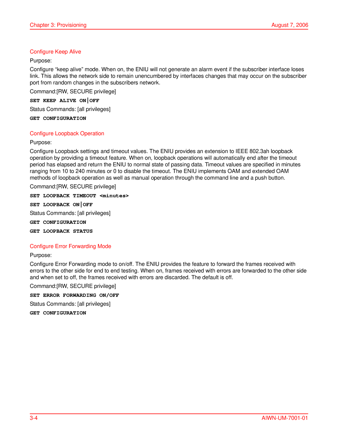 ADC Network Unit user manual SET Keep Alive Onoff, SET Loopback Onoff, GET Configuration GET Loopback Status 