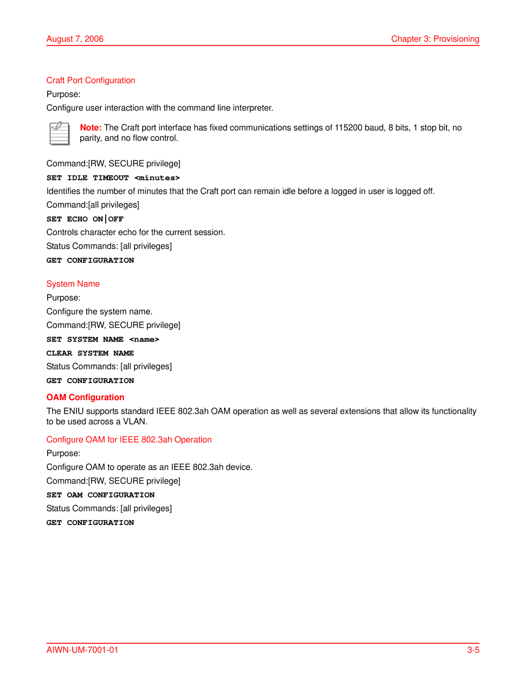 ADC Network Unit user manual SET Echo Onoff, Clear System Name, SET OAM Configuration 