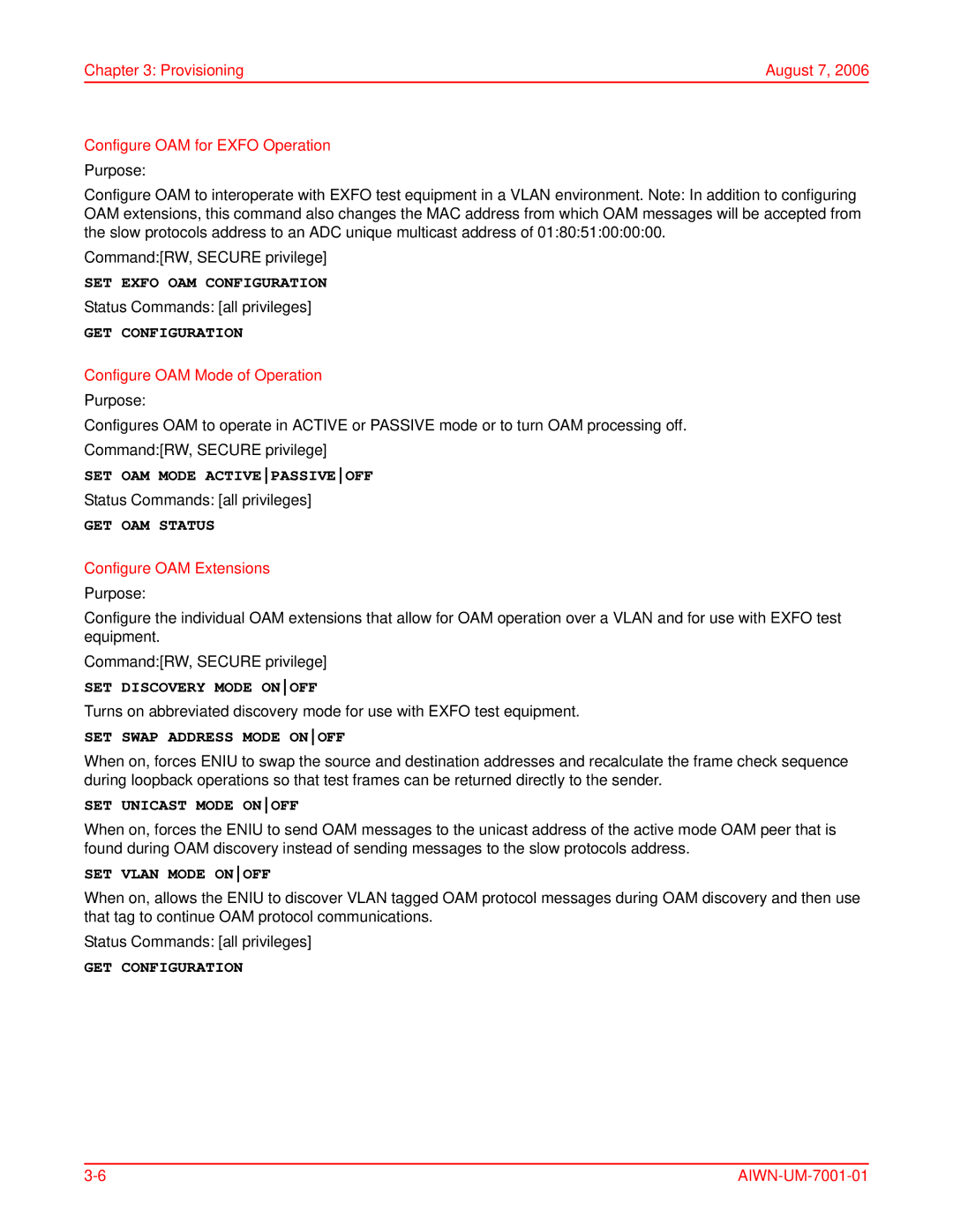 ADC Network Unit SET Exfo OAM Configuration, SET OAM Mode Activepassiveoff, GET OAM Status, SET Discovery Mode Onoff 