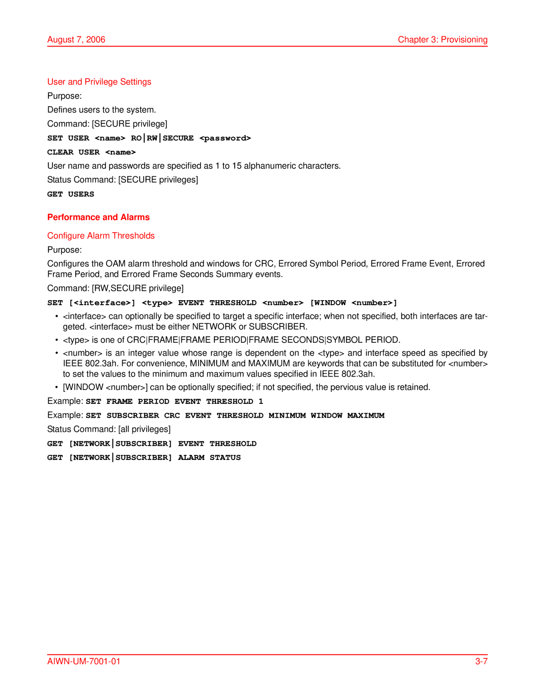 ADC Network Unit user manual August 7 Provisioning User and Privilege Settings, GET Users, Performance and Alarms 