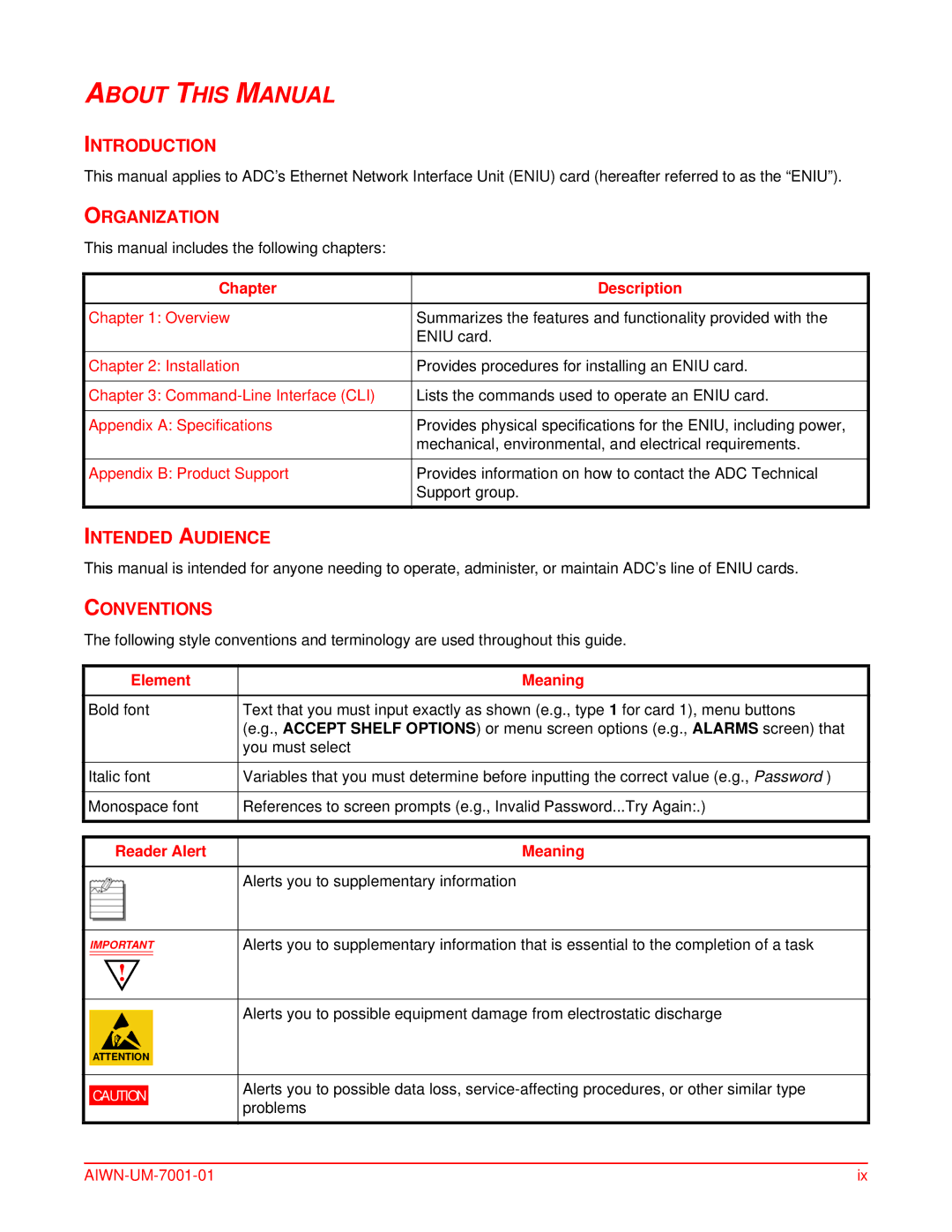 ADC Network Unit user manual About this Manual, Introduction, Organization, Intended Audience, Conventions 