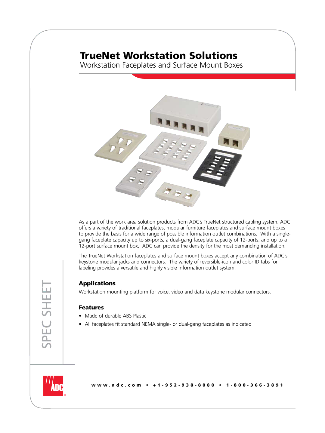 ADC none manual Spec Sheet, Workstation Faceplates and Surface Mount Boxes 