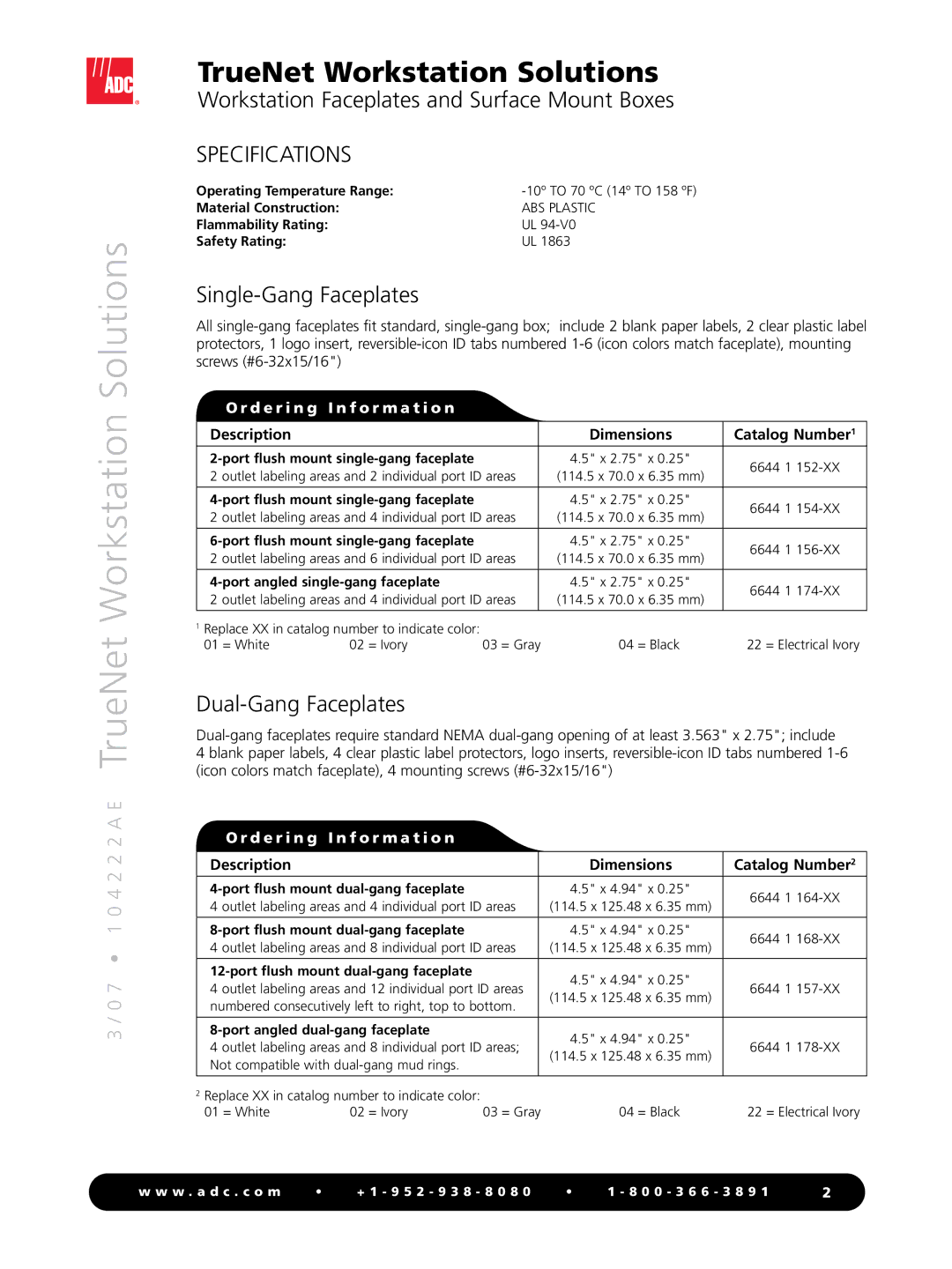 ADC none manual Single-Gang Faceplates, Dual-Gang Faceplates, Description Dimensions Catalog Number1 