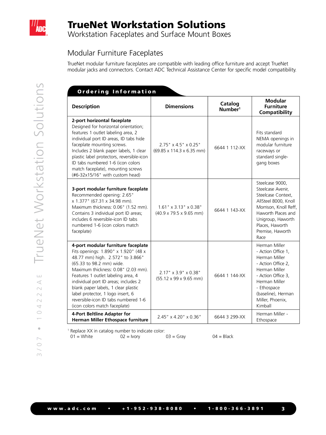 ADC none manual Catalog Modular Description, Dimensions Furniture Number1 Compatibility 