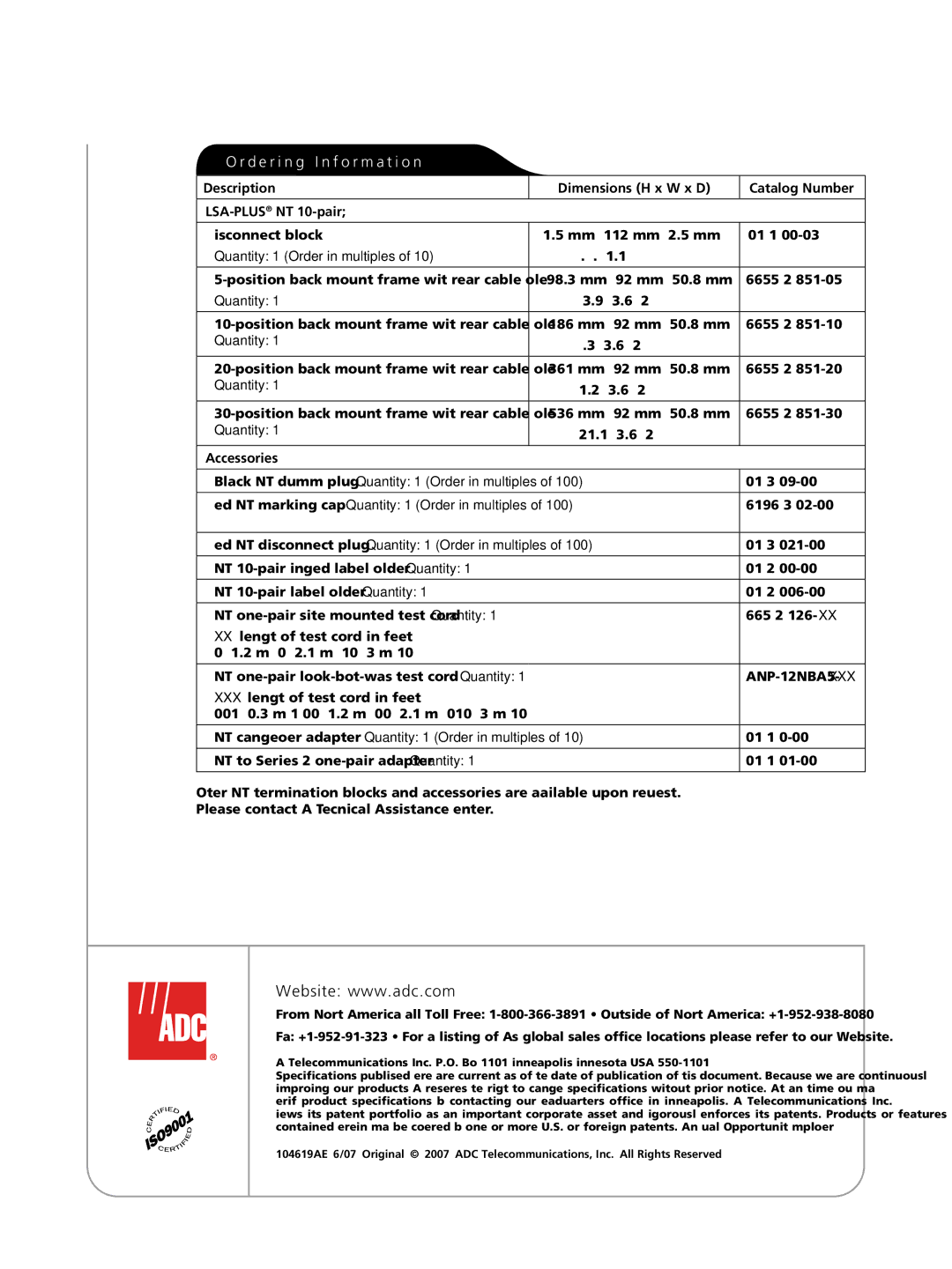 ADC NT manual Spec Sheet, Accessories 