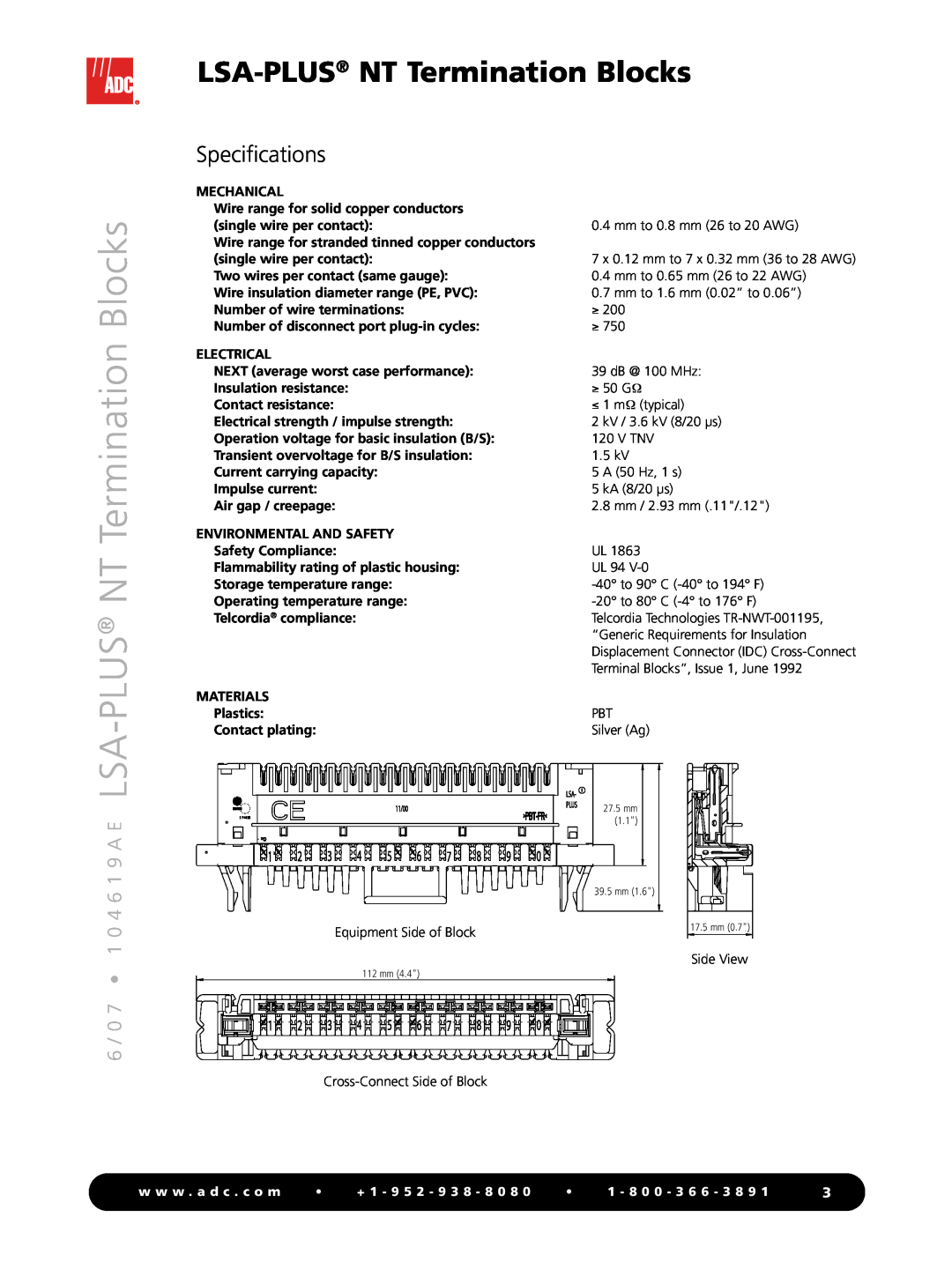 ADC manual 6 / 0 7 1 0 4 6 1 9 A E LSA-PLUS NT Termination Blocks, Specifications, w w w . a d c . c o m 