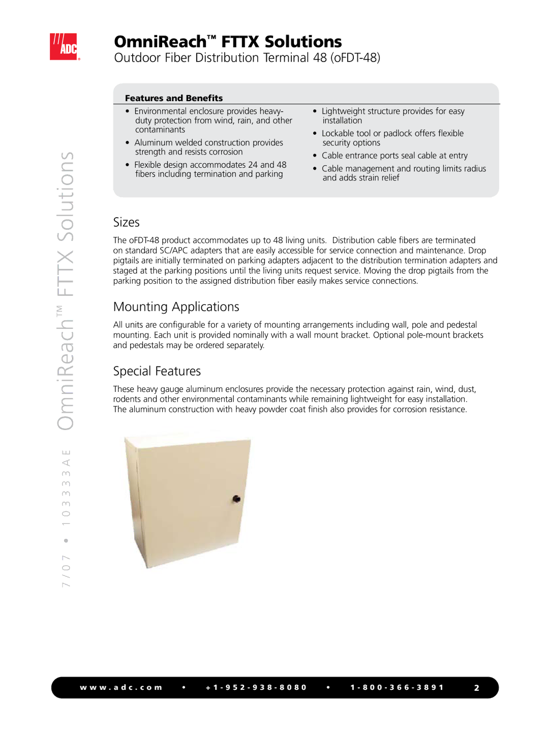 ADC oFDT-48 manual Sizes, Mounting Applications, Special Features 