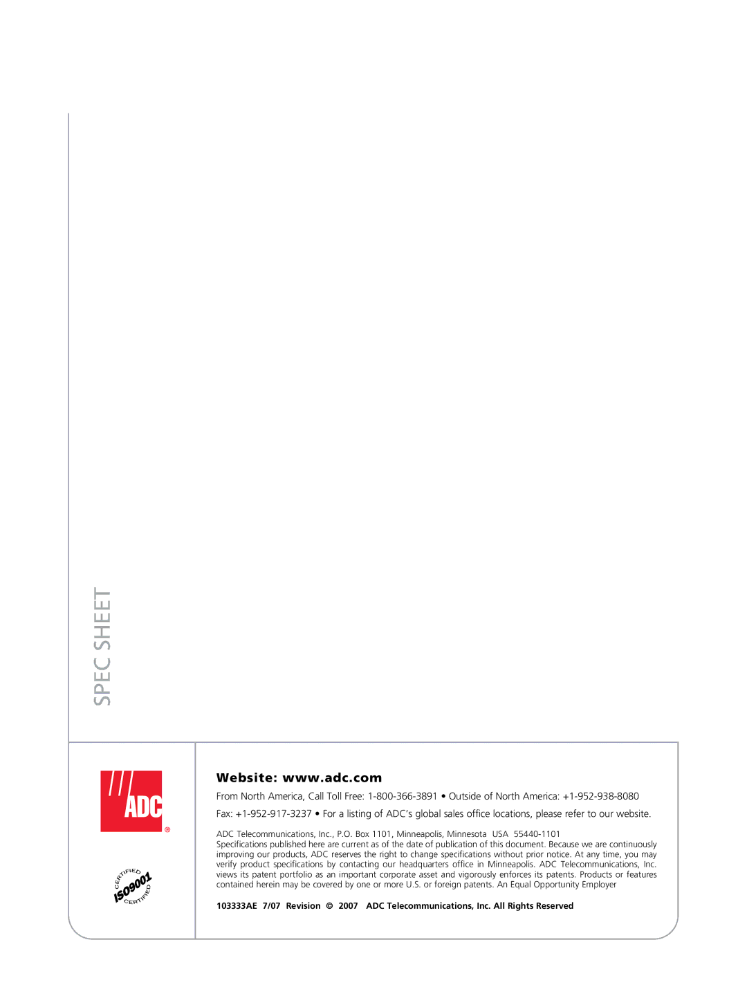 ADC oFDT-48 manual Spec Sheet 