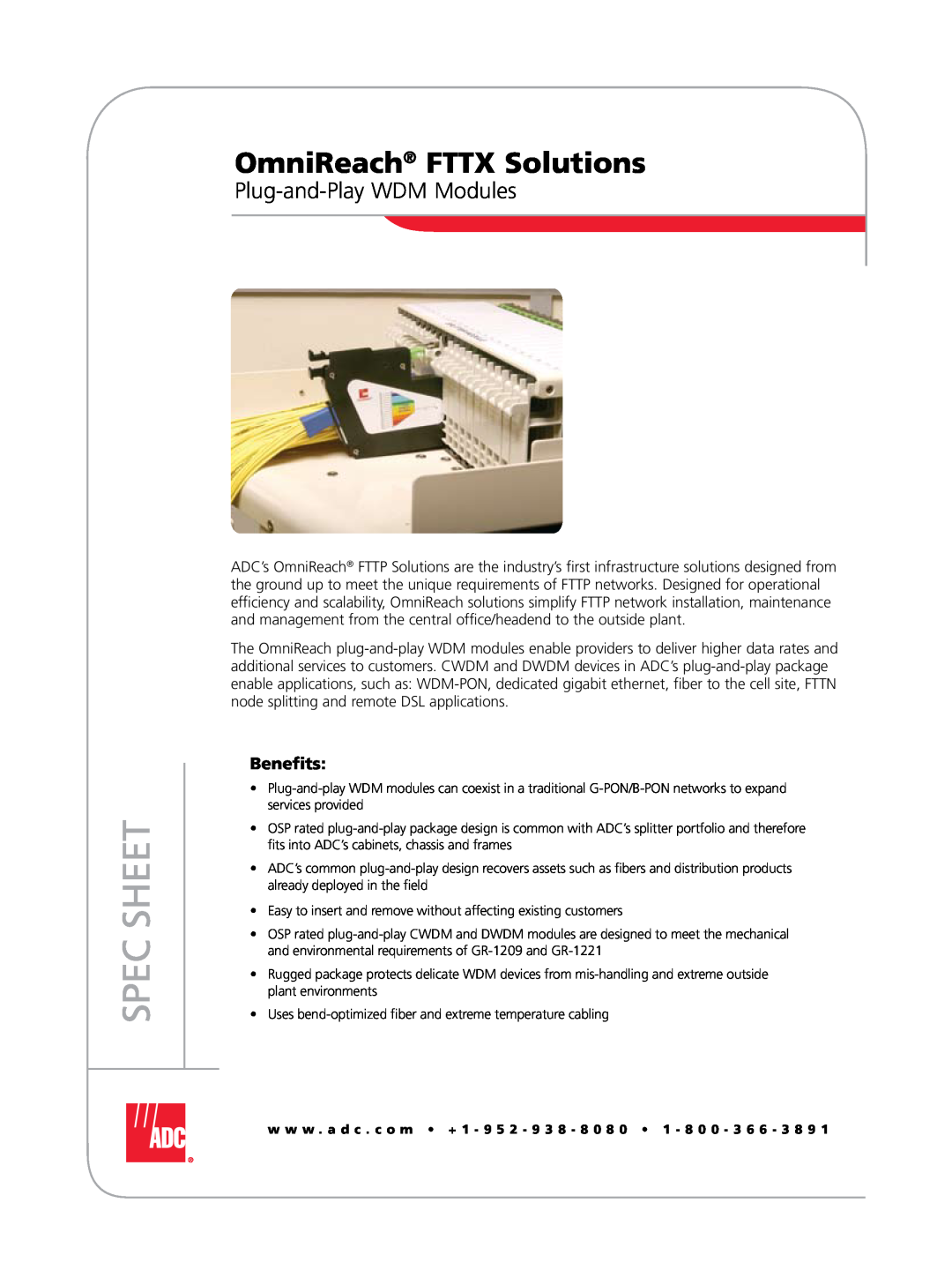 ADC manual OmniReach FTTX Solutions, Plug-and-Play WDM Modules, Spec Sheet, Benefits 