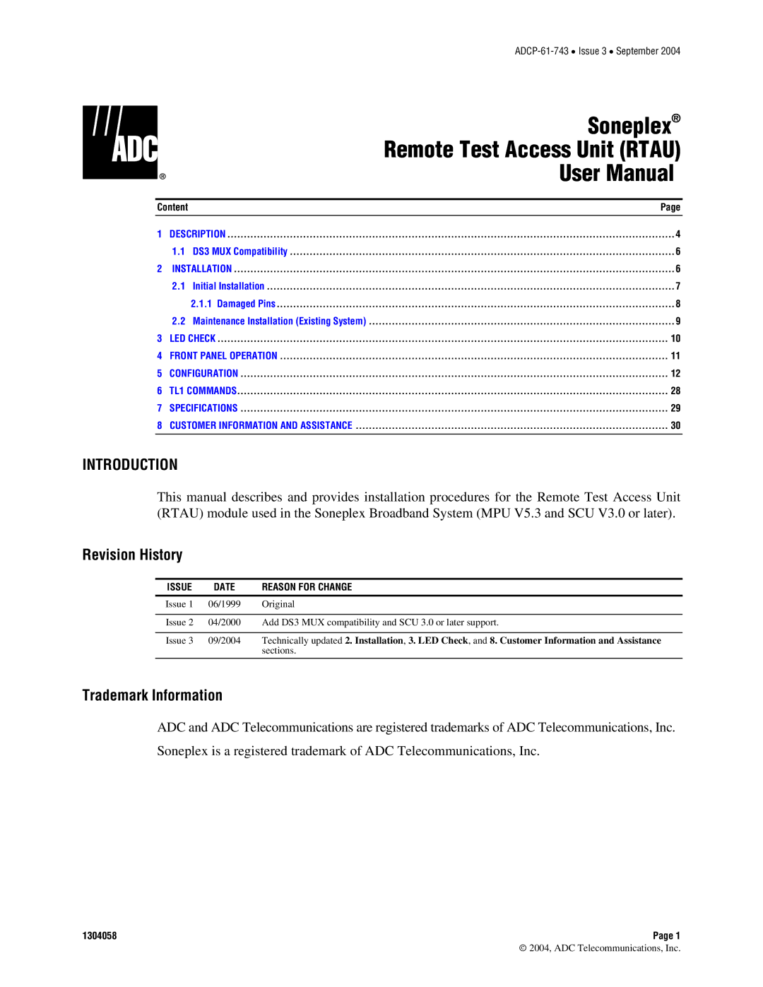 ADC P-61-743 user manual Introduction, Revision History, Trademark Information 