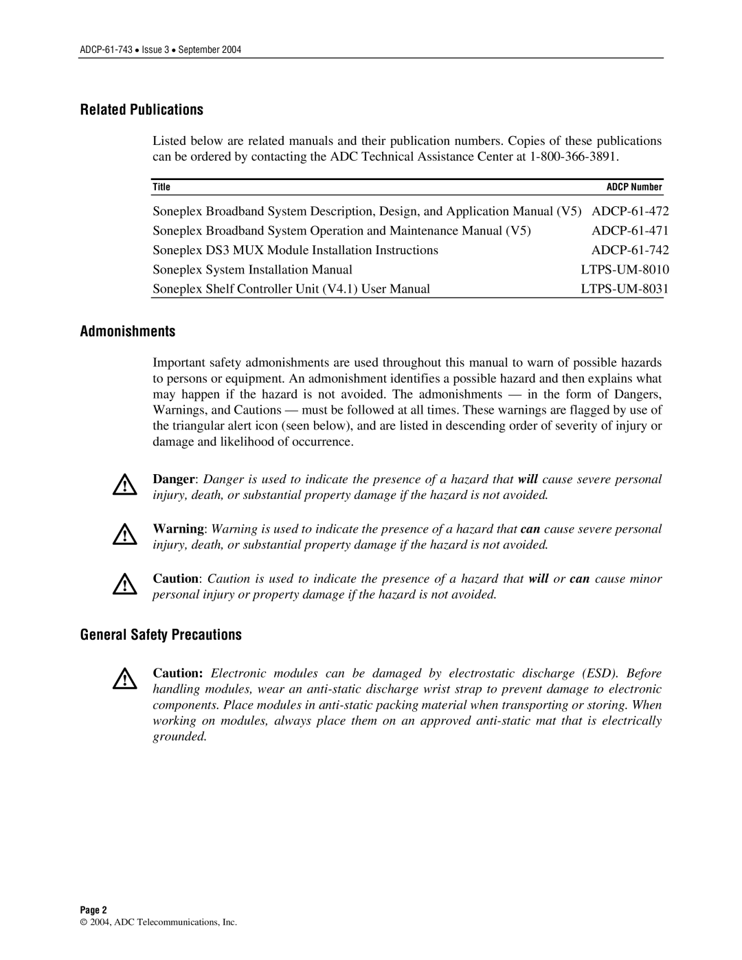 ADC P-61-743 Related Publications, Admonishments, General Safety Precautions,  2004, ADC Telecommunications, Inc 