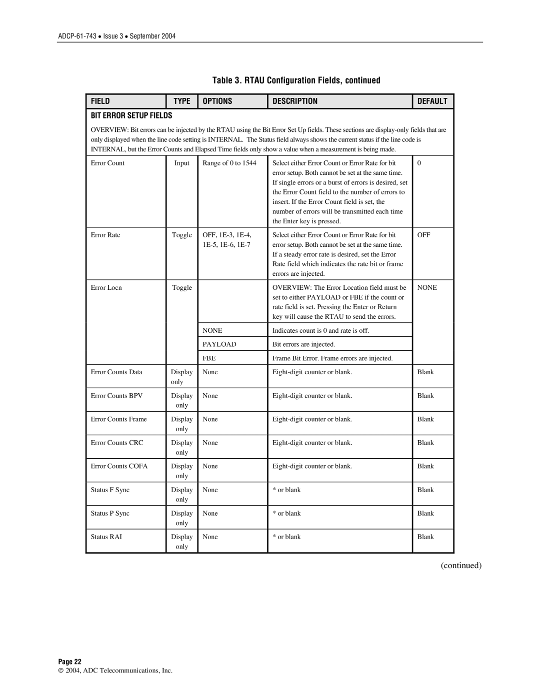 ADC P-61-743 user manual Off, Payload, Fbe 