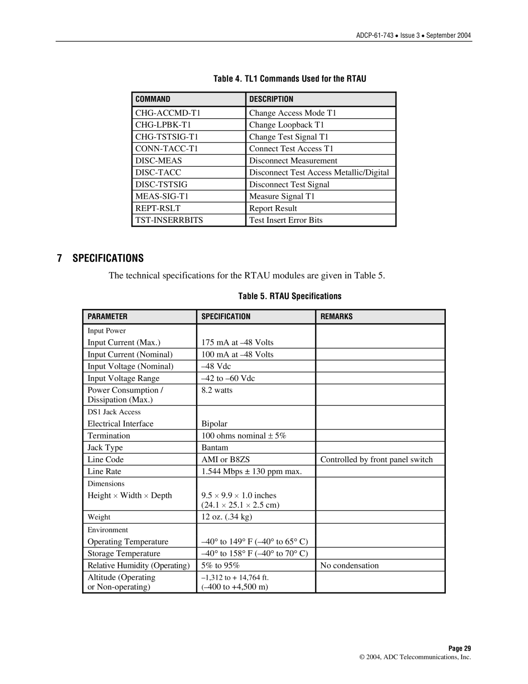 ADC P-61-743 user manual Specifications, TL1 Commands Used for the Rtau 