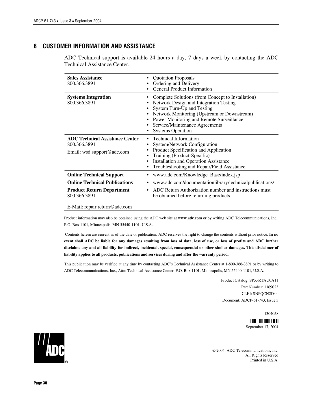 ADC P-61-743 user manual Customer Information and Assistance, Product Catalog SPX-RTAU0A11 Part Number, Clei SNPQCN2D~~ 