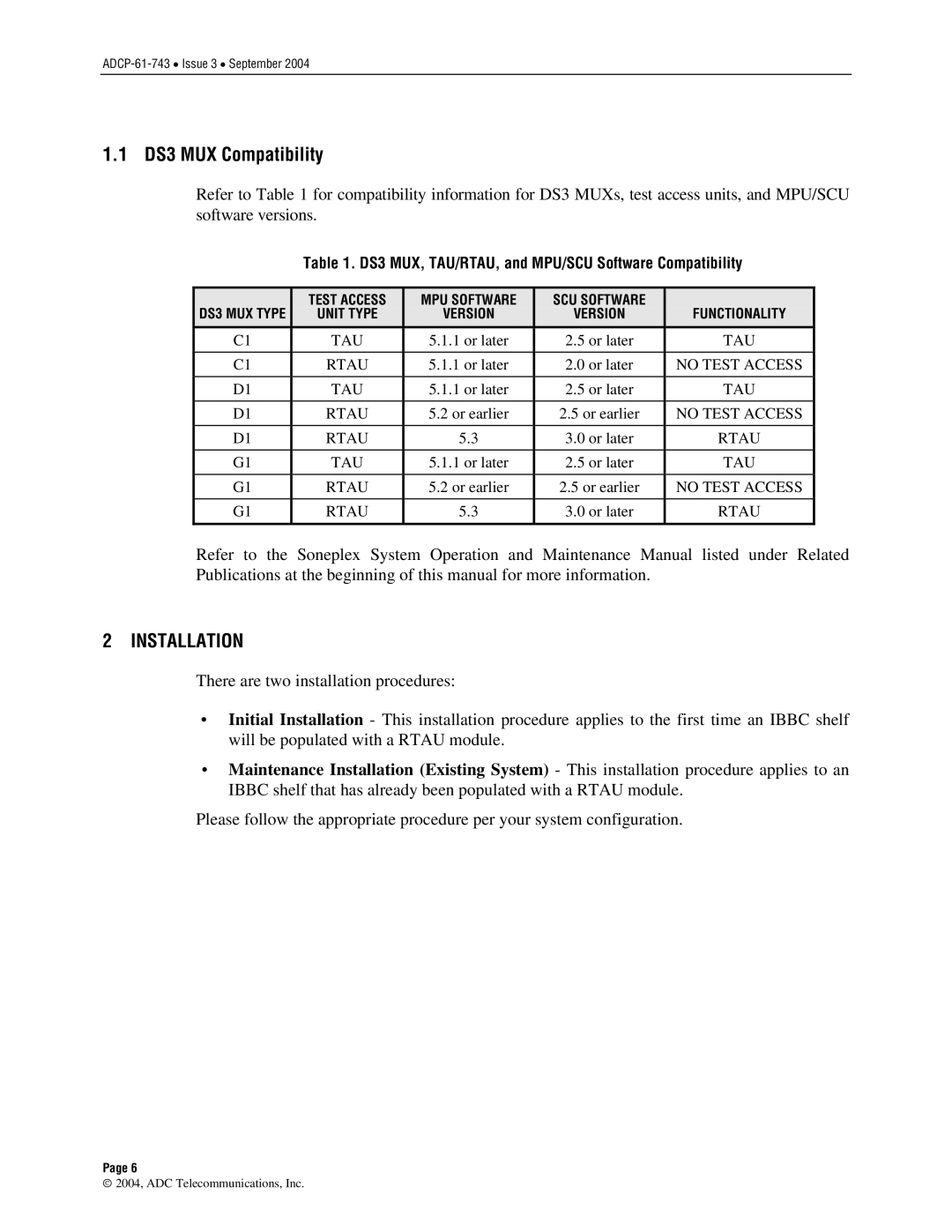 ADC P-61-743 user manual DS3 MUX Compatibility, Installation 