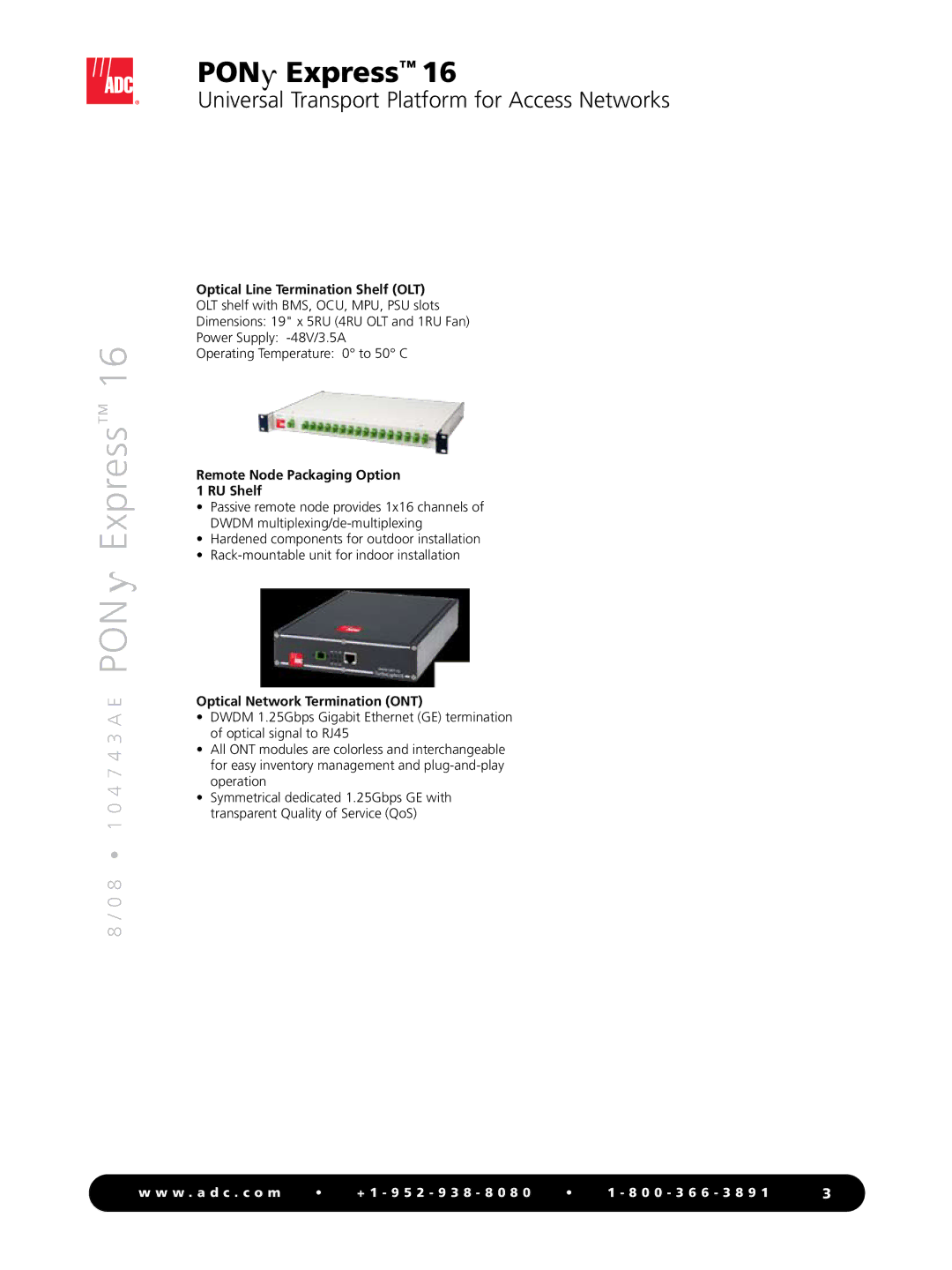 ADC PONy Express 16 manual Optical Line Termination Shelf OLT, Remote Node Packaging Option RU Shelf 