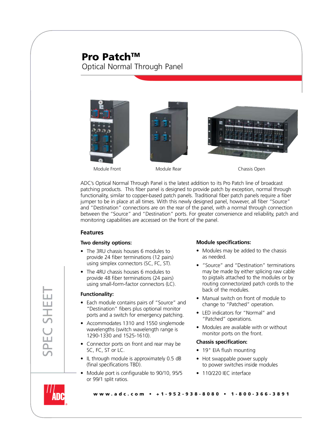 ADC specifications Pro PatchTM, Optical Normal Through Panel 