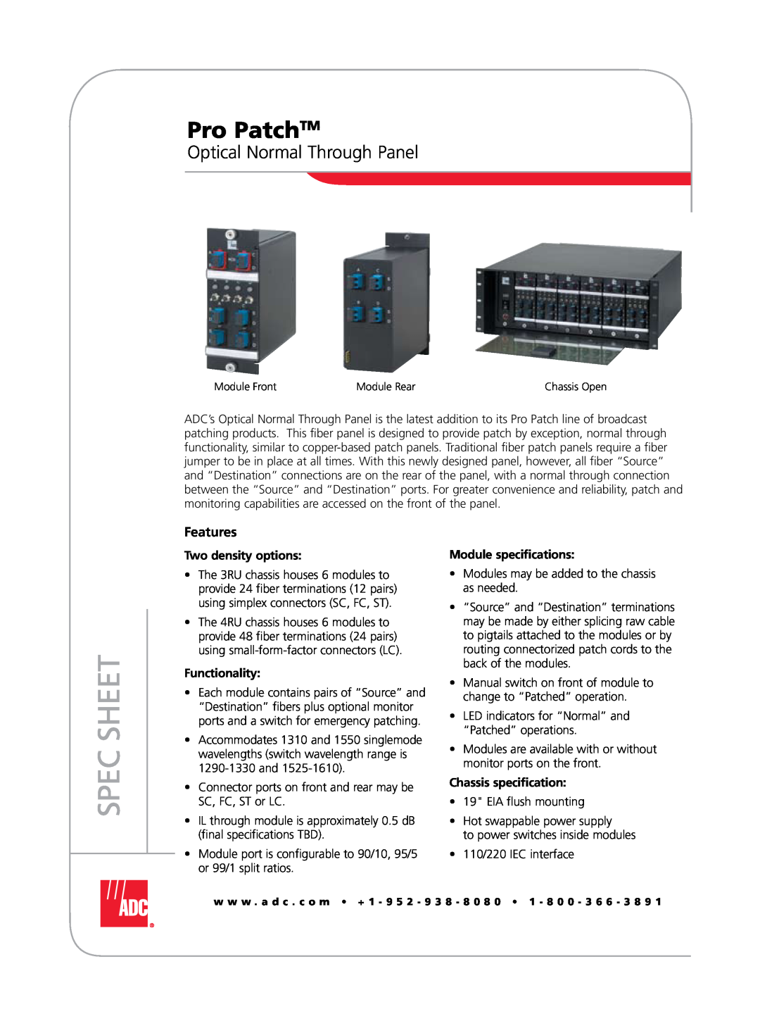 ADC specifications Pro PatchTM, Optical Normal Through Panel, Features, Spec Sheet, Two density options, Functionality 
