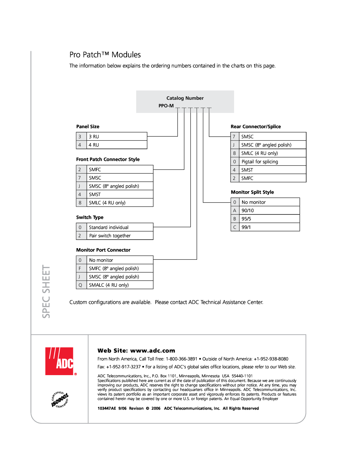 ADC specifications Pro Patch Modules, Sheet, Spec 